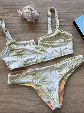Rip Curl White & Light Green Leaf Print Bikini